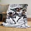 Three characters in dynamic poses wielding swords with flowing motion lines. for all seasons blanket lunch break throw gift