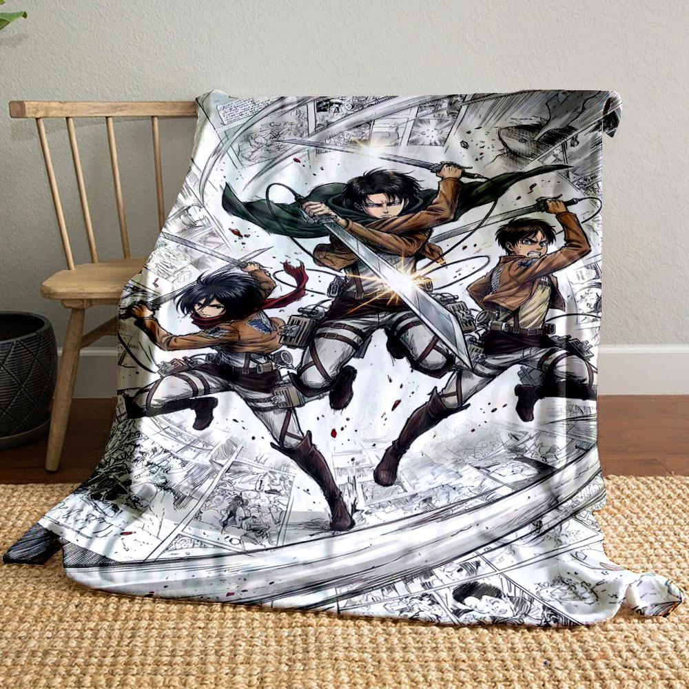Three characters in dynamic poses wielding swords with flowing motion lines. for all seasons blanket lunch break throw gift