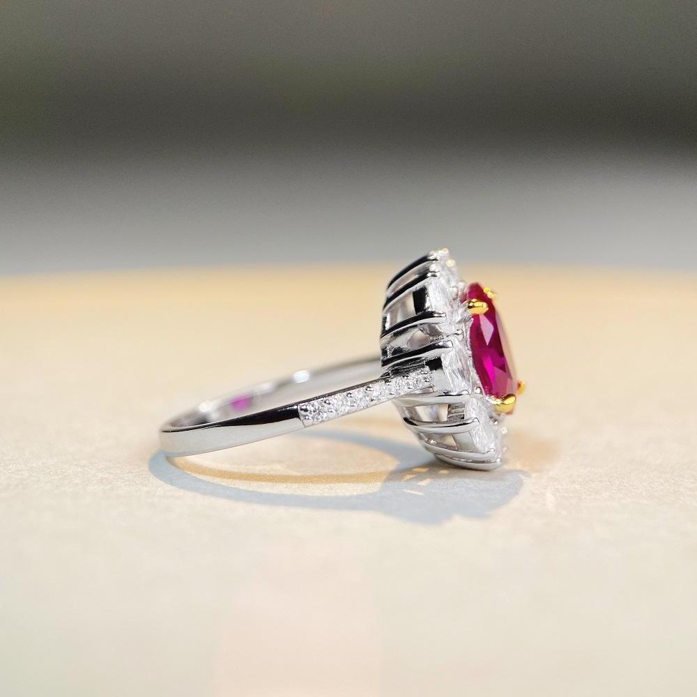 Women's 925 Sterling Silver Ring with Oval Ruby and Diamond Accents