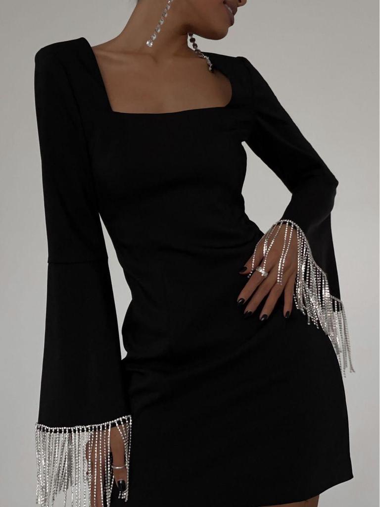 European & American Tassel Fashion Black Midi Dress with Trumpet Sleeves and Open Back, 2024 Collection