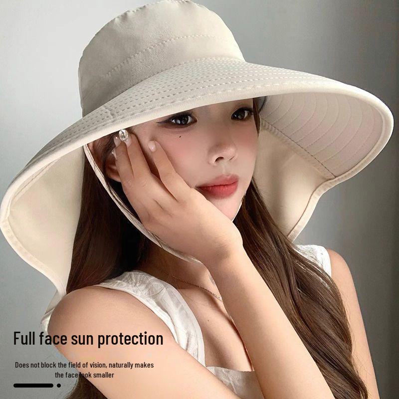 Damen-Sommerhut mit breiter Krempe und UV-Schutz, mit Halstuch und Pferdeschwanz-Bindung