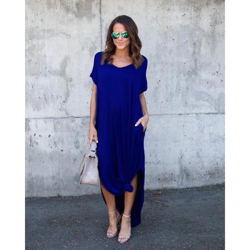 GMXIA Summer Solid Color Print V-neck Pocket Slit Dress