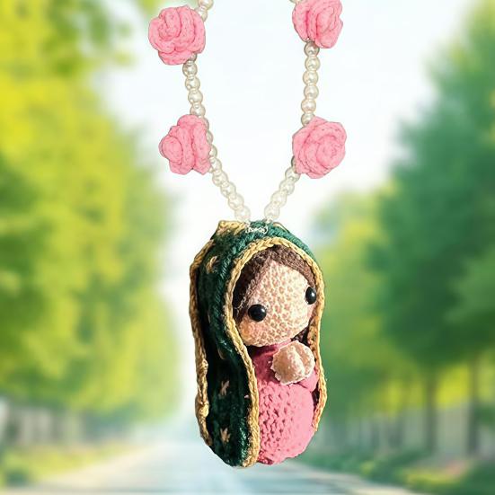 Cute Mary Statue Car Interior Decoration Handmade Crochet Virgin Mary Car Rearview Mirror Charm Religious Hanging Ornament Blessing Gift for Family