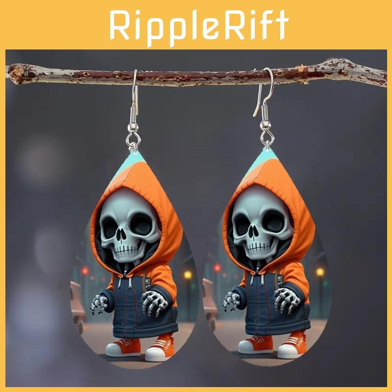 Halloween Themed Hooded Jacket Skull Pattern Droplet Shaped Acrylic Earrings For Trendy Casual Wear