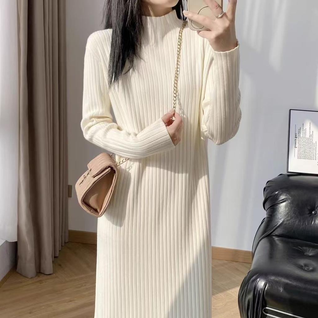 Herbst- und Winterstrickkleid Damen Stilvoller Rollkragenpullover Einfarbiges langes Strickkleid Lässiges lockeres Strickkleid