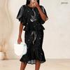 Women Plus Size Two Piece Skirt Set Round Neck Batwing Sleeve Printed Green Black Ruffle Hem Top Fishtail Skirt