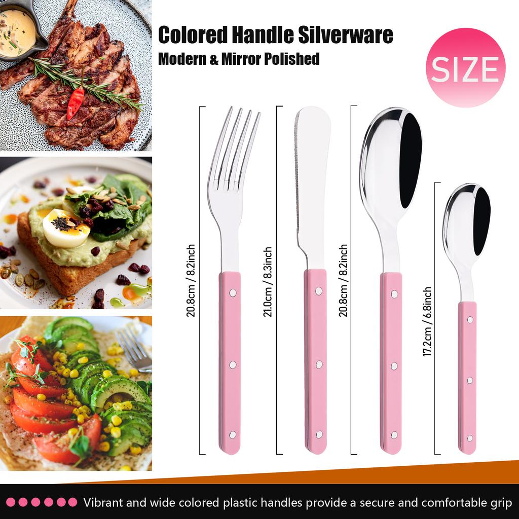 16 Pieces Color Handle Flatware Eating Utensils, Stainless Steel Tableware Rivet ABS Handle Design, Knives Forks Spoons for Home, Service for 4