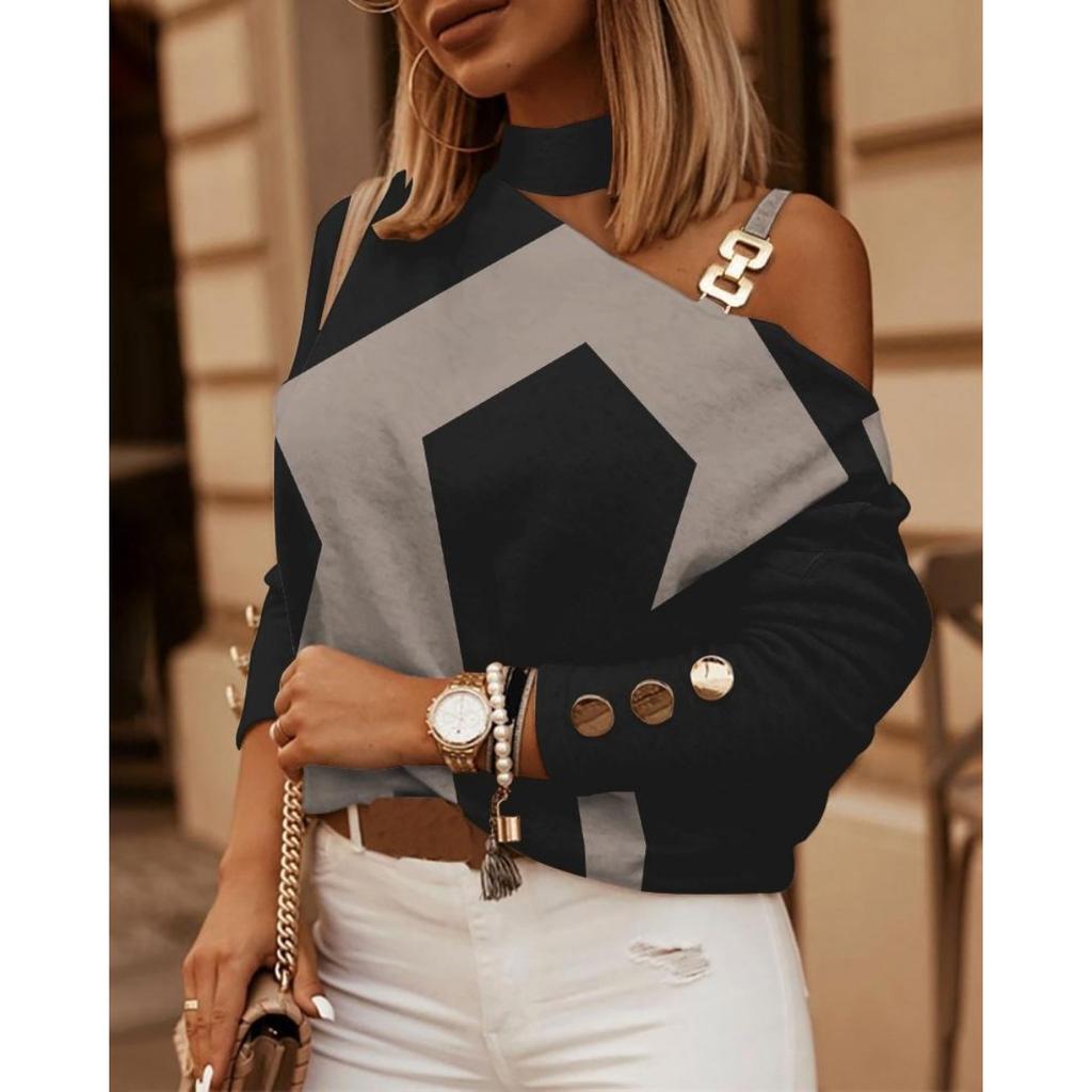 Lange Ärmel, Ketten, Halsketten, Drucke, Knopfverzierungen, Oberteile, Damenbekleidung