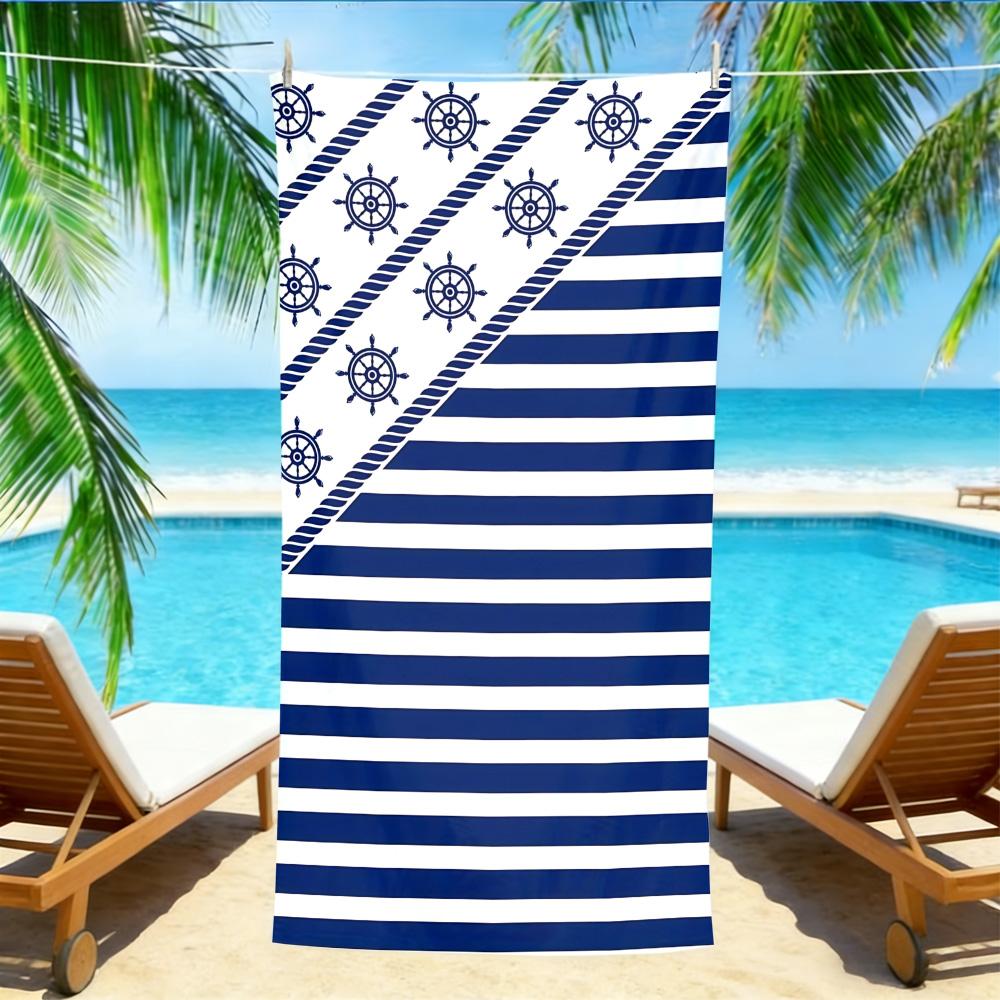 

Nautical Stripe Ship Wheel Beach Towel – Oversized Quick Dry Sand Free with Navy Rope Print W40*H60(CM)