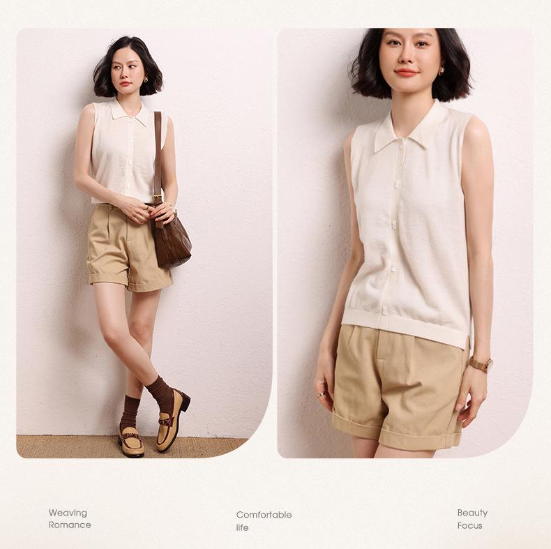 Women's 100% Cashmere Polo Collar Sleeveless Top – Autumn/Winter High-Quality, Solid Color Base Layer Vest for Commuting.