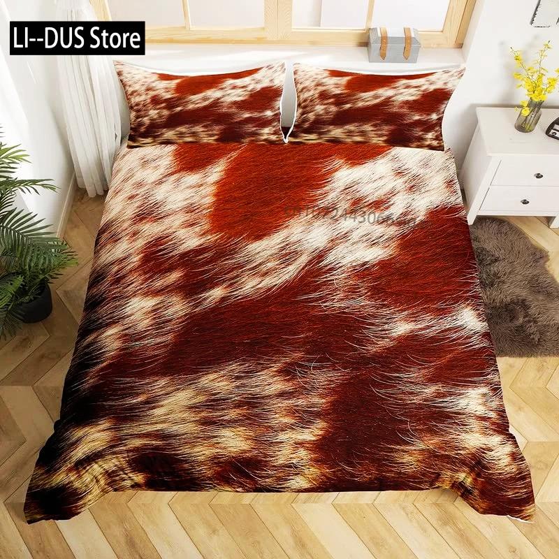 Cowhide Print Duvet Cover Queen Microfiber Western Farmhouse Animal Skin Fur Bedding Set 3pcs for Kids Teen Cow Quilt Cover