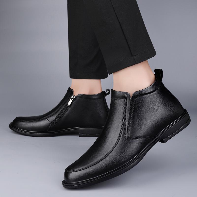 Fashion Luxury Brand Men Chelsea Boots Genuine Leather Winter Plush Ankle Boots Men's Dress Shoes Business British Style Casual Boots