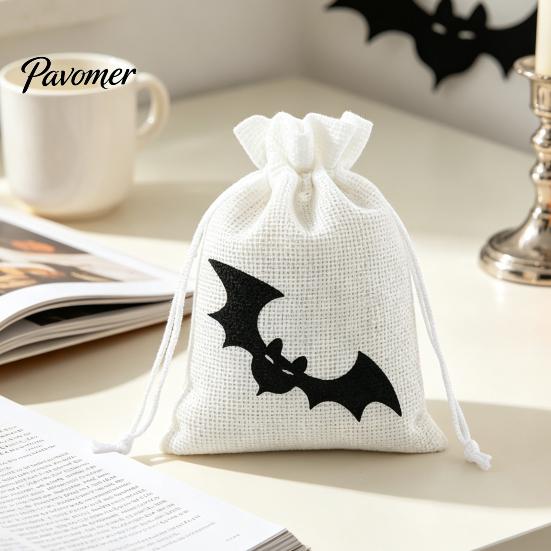 Small Fabric Storage Pouches Halloween Burlap Treat Bags, Pumpkin Ghost Bat Spider Witch Print Drawstring Rustic Bags Favors Candy for Cookies Snacks