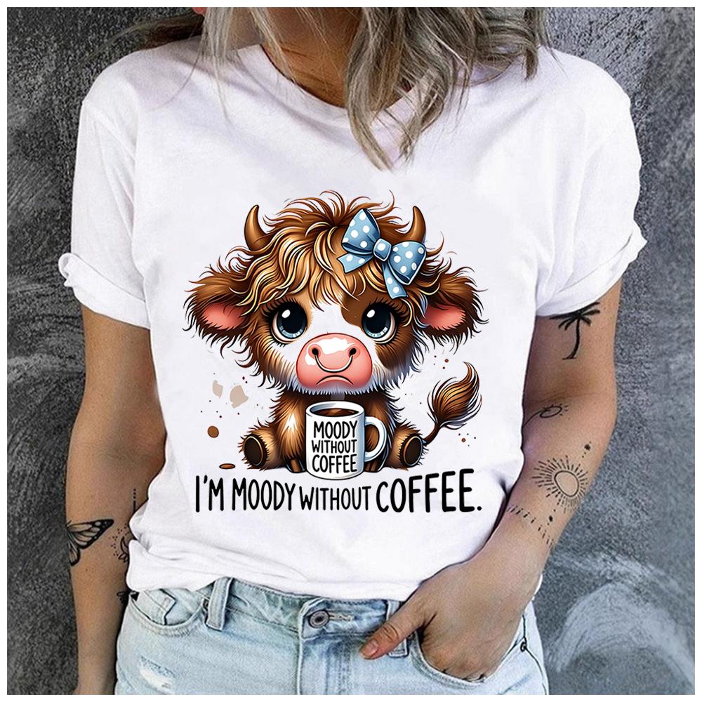 Women's Polyester 100% yak drinking tea Print T-shirt Loose round Neck Casual Short Sleeve Fashion Top Clothing Summer