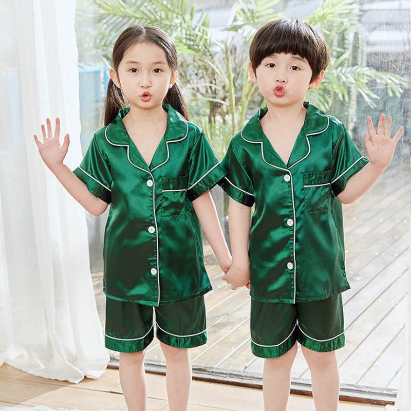 Children Pajamas Sets Satin Silk Boy Pijama Toddler Girl Pyjama Navy Blue Night Clothing Kids Lounge Wear Summer Short Pjs