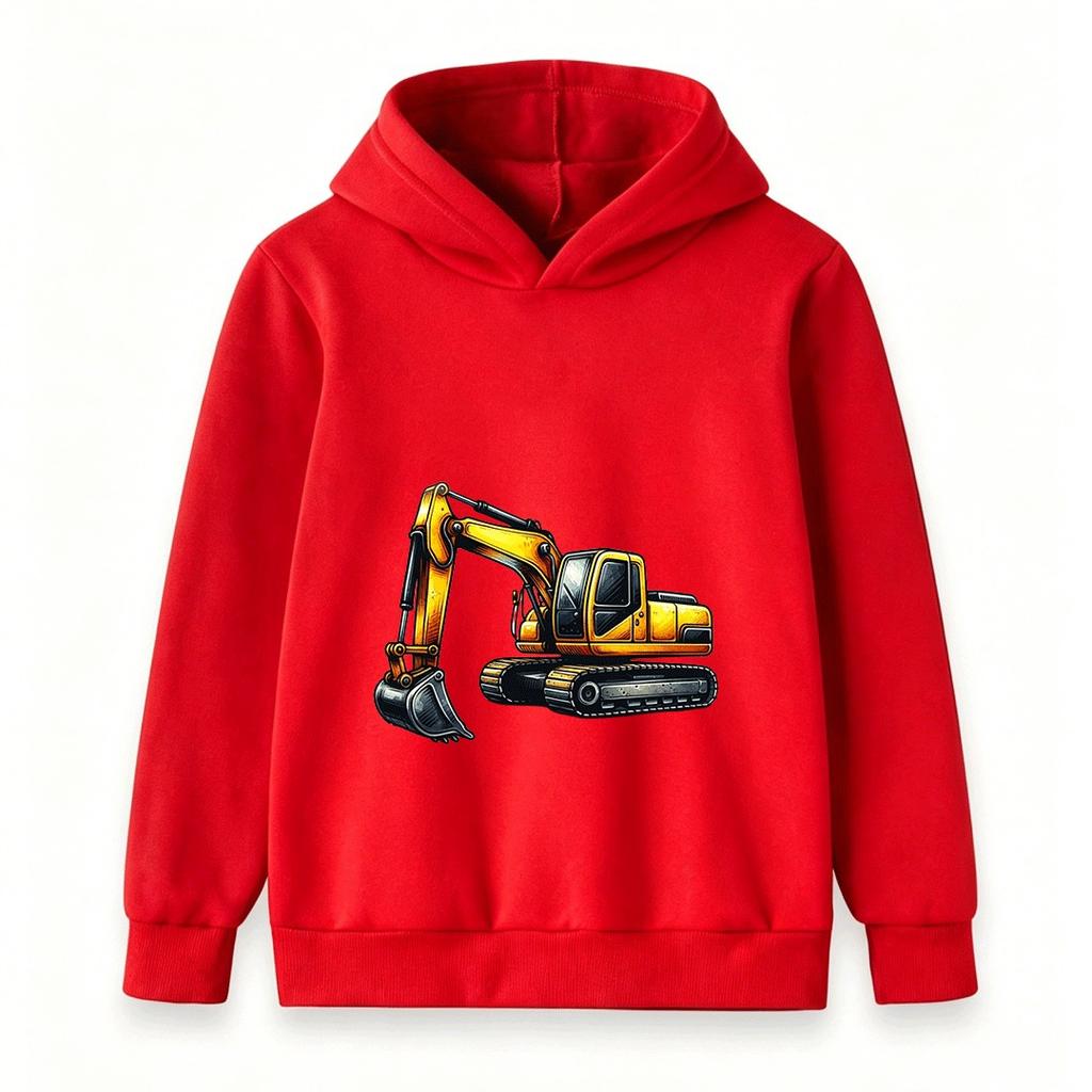 Kids Excavator Print Hoodie Casual Long Sleeve Pullover Sweatshirt for Boys Girls Construction Vehicle Pattern Tops