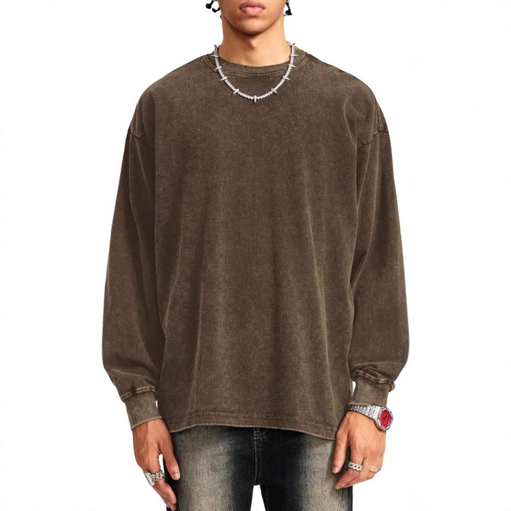 Men's And Women's Casual High-weight Washed Distressed Long-sleeved Men's Off-the-shoulder Retro Loose Round-neck All-cotton Top