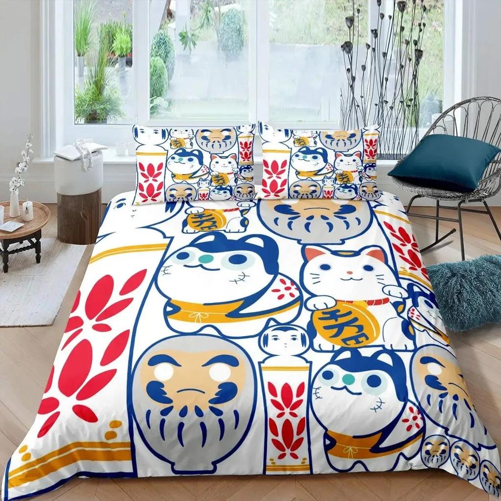 Maneki Duvet Cover Set,Japanese Lucky Cat Duvet Cover Neko Gold Coin Japanese Style Cute Bedding Set Cat Comforter Cover