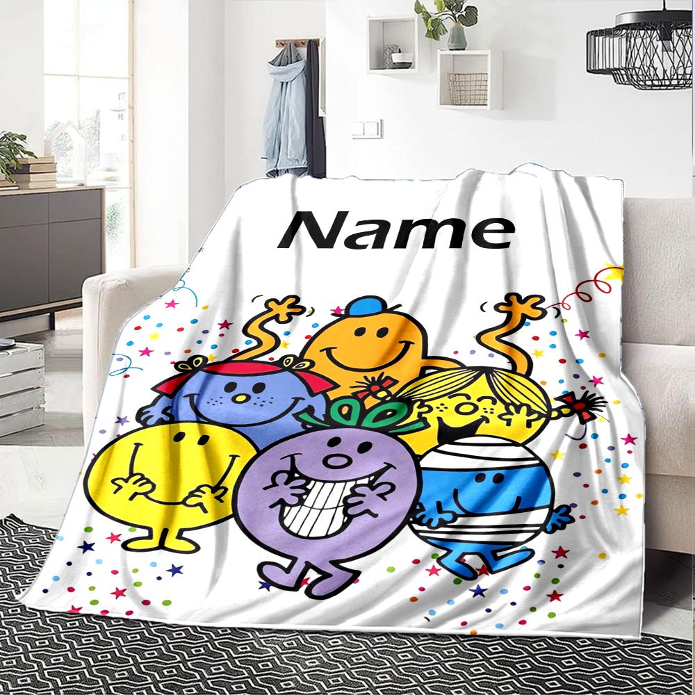 Custom Name Mr. Men and Little Miss Theme Printed Blanket - Perfect for Couch, Bed, Travel & Outdoor Use | Machine Washable, Cozy & Durable.