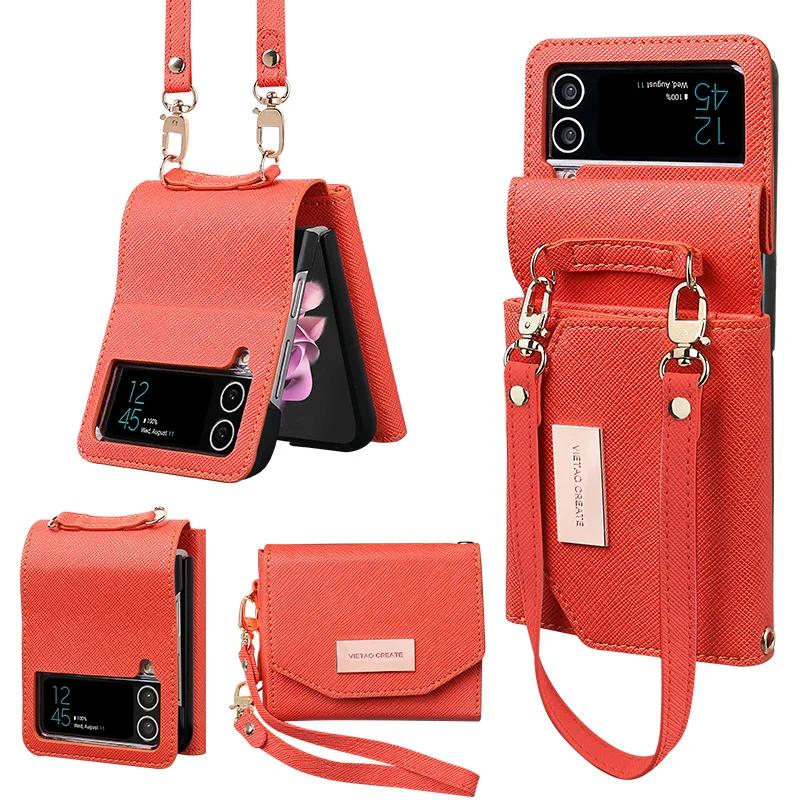 Lanyard Wallet Leather Cards Solt Case For Samsung Galaxy Z Flip 6 5 4 Flip4 5G Purse Bag Hand Strap Skin Feeling Back Cover