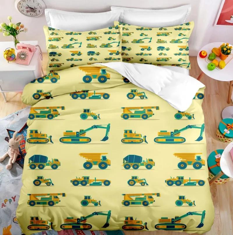 3D Print Excavator, Engineering Vehicle Bedding Set Kids Teenagers Winter Duvet Cover Set Bedroom Bed Linens Boys High-quality