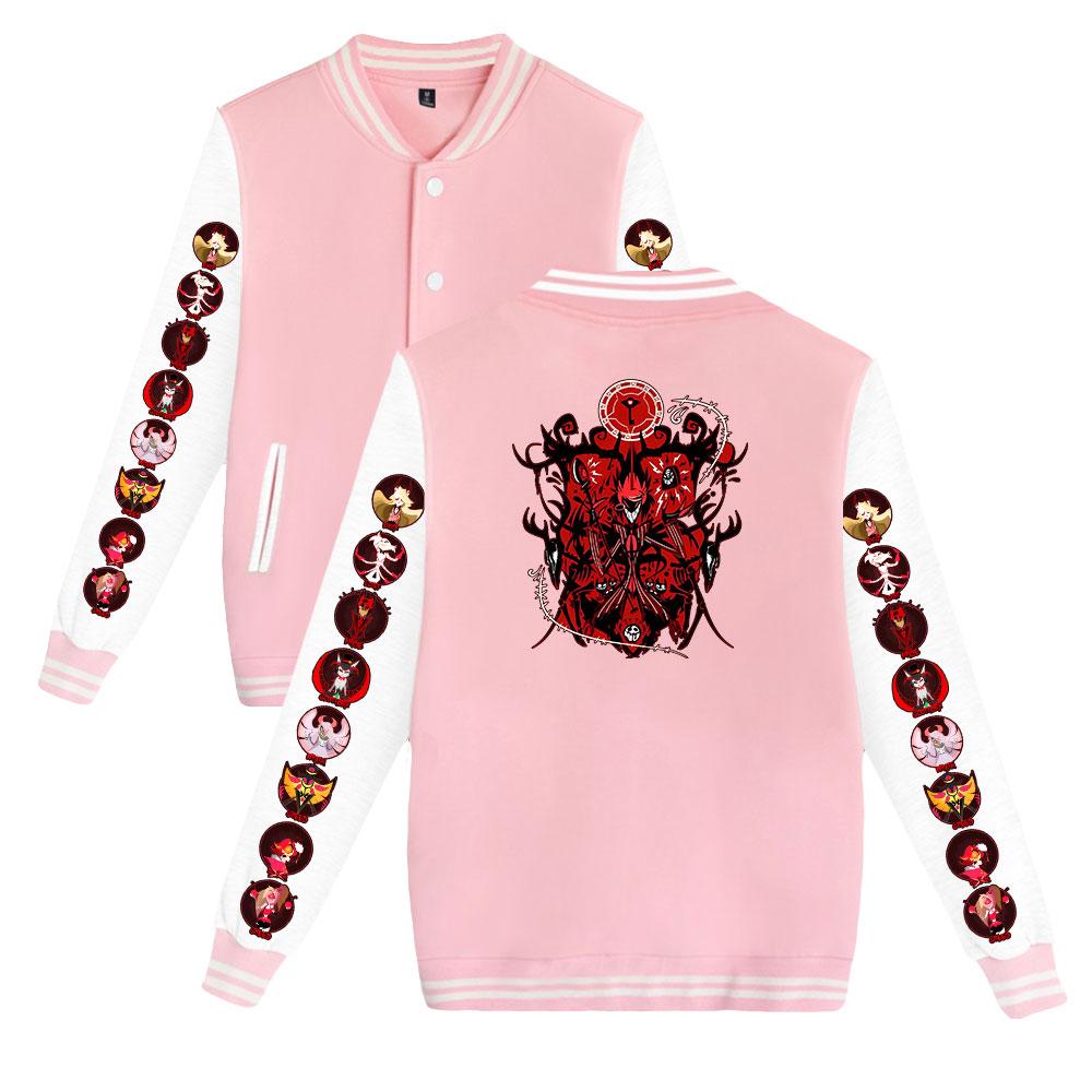 

Fashion Women Men s Jackets Hazbin Hotel Baseball Jacket Oversize Hip Hop Outerwear for College Couples Clothing Custom XXS рожевий