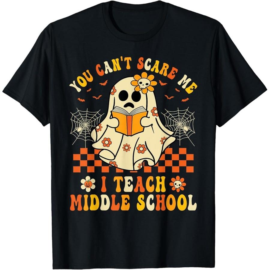 Funny Middle School Teacher Halloween T-Shirt, Spooky Classroom Humor Tee, Cute Scary Ghost Pumpkin Print for Teaching Professionals Black XXXXXL чёрный