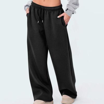 Damen Sporthose Mittelhohe Elastische Taille Verstellbarer Kordelzug Lange Hose Einfarbig Weites Bein Herbst Winter Hose mit Samtfutter