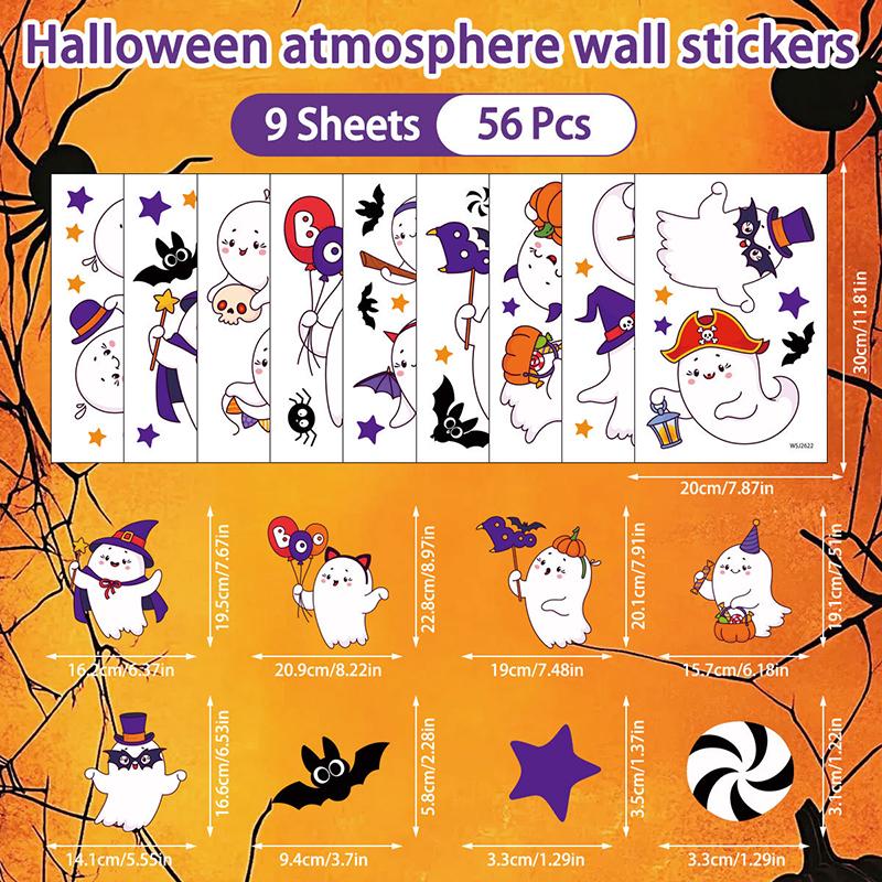 6/8/9 Sheets Halloween Window Clings Cute Ghost Pumpkin Bat Removable Self Adhesive For Home Party Glass Decor