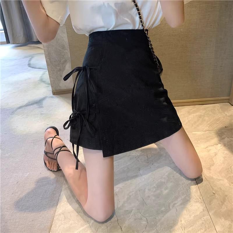 

2024 Summer Women s High Waist A-line Tie-Up Black Mini Skirt Shorts 2XL [Recommended 131-147 lbs]