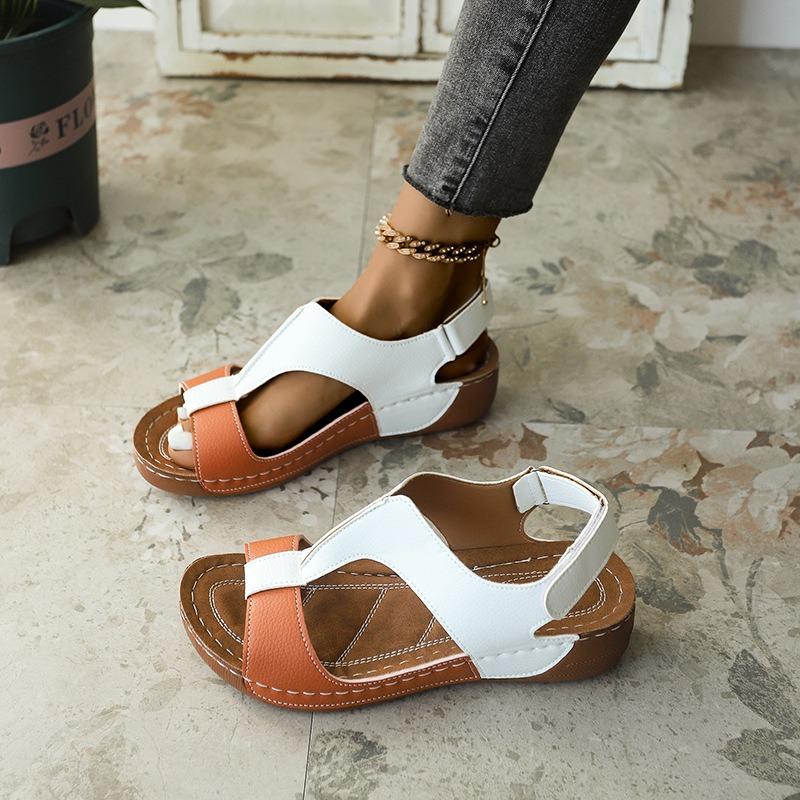 Thick-soled color matching sandals women's muffin bottom Velcro open-toed beach cool slippers wish