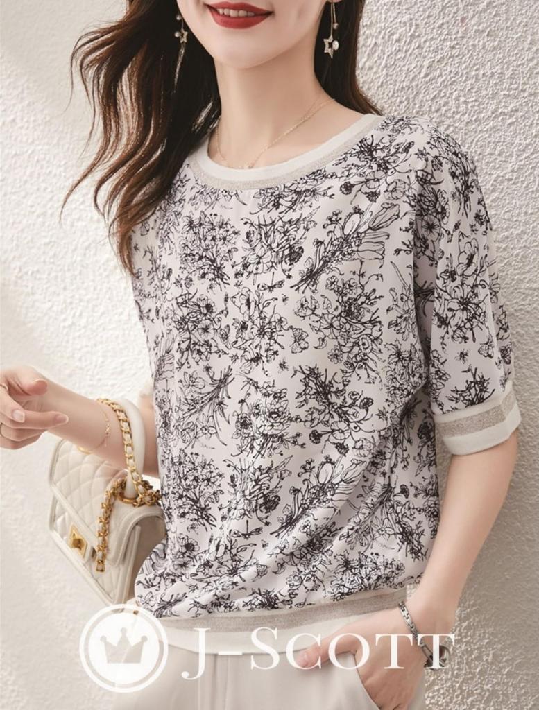 Botanical Print Chiffon Blouse with Floral Print and Ribbed Office J-Scott T-Shirt, Half-Sleeve Sleeves, Monotone, Casual, White, JS83-WH-L