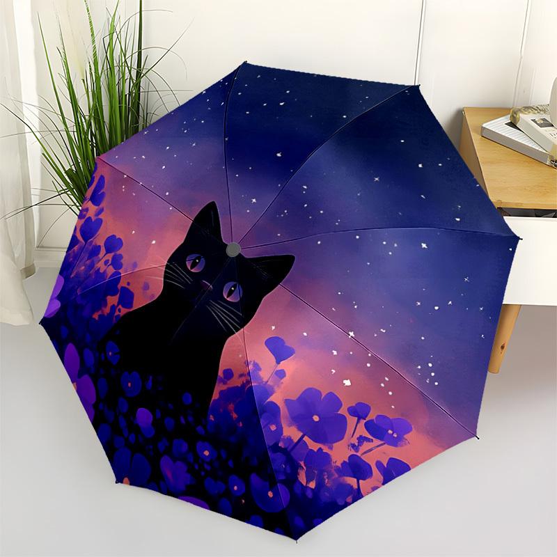 1pc Artistic Black Cat Automatic Open 8-Rib Windproof Umbrella, Travel & Commuting, Suitable for All Seasons