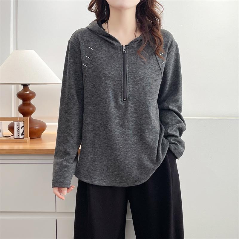 

2025 Autumn/Winter Plus Size Hooded Sweatshirt for Women - Long Sleeve Embroidered Fleece Pullover 4XL серый