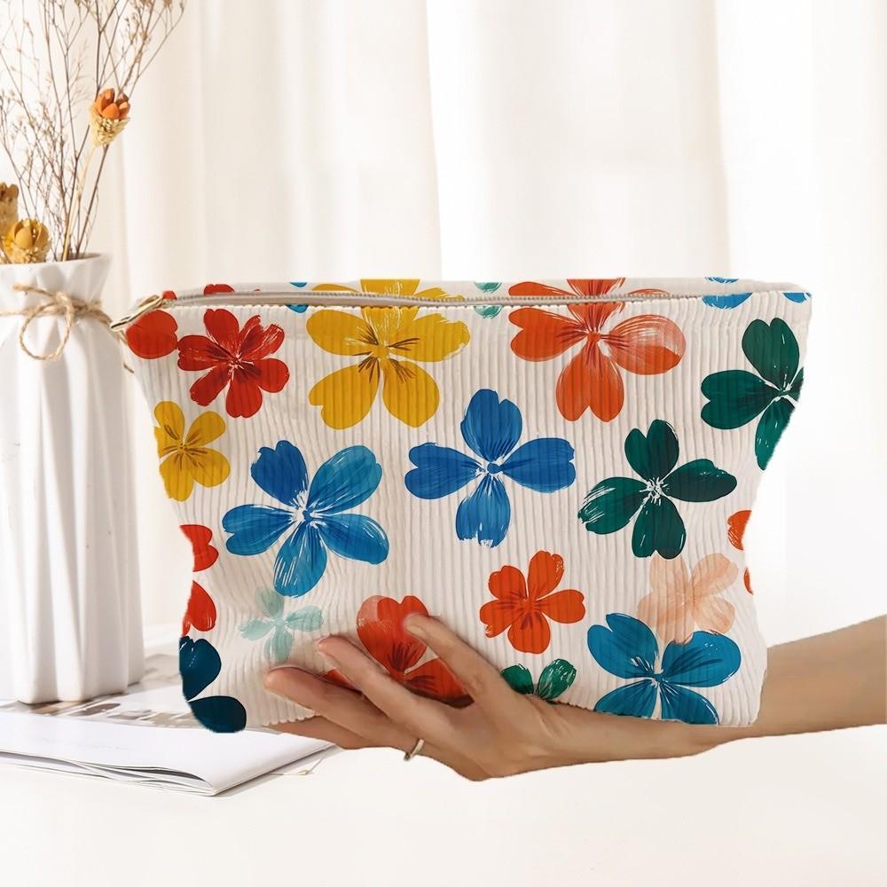 New Portable Floral Cosmetic Bag Corduroy Lightweight Zipper Makeup Organizer Multifunctional Large Capacity Storage Bag Travel