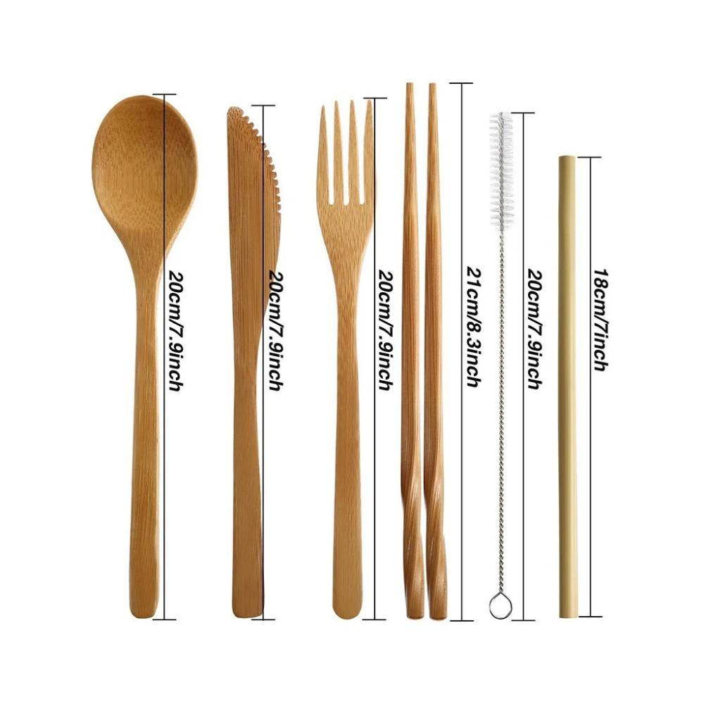 Bamboo Travel Tableware Reusable Bamboo Cutlery Set with Carrying Case Portable Wooden Dinnerware Bamboo Charcoal Toothbrush