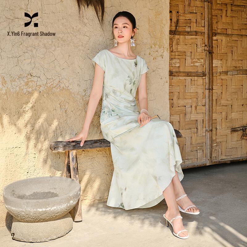 New Chinese Style Green Tie-Dye Faux Two-Piece Mermaid Midi Dress S