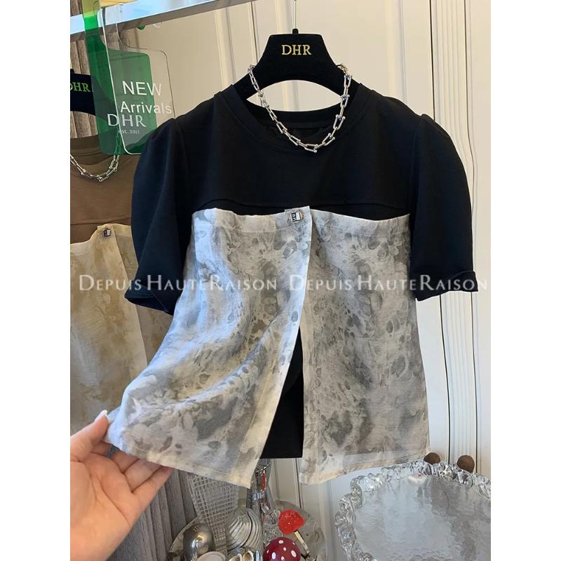 

Women s Patchwork Short Sleeve Top Black & Gray Tie-Dye Split Hem Blouse L чорний