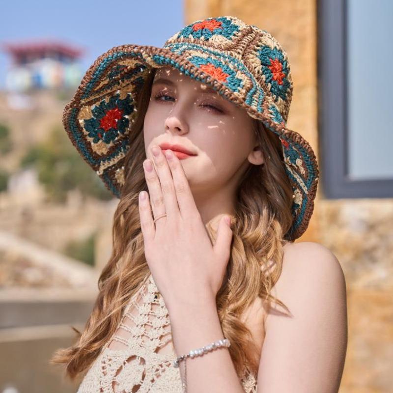 

Small fresh flower straw hat women s summer seaside vacation sunshade sunscreen hollow face small bucket hat One size