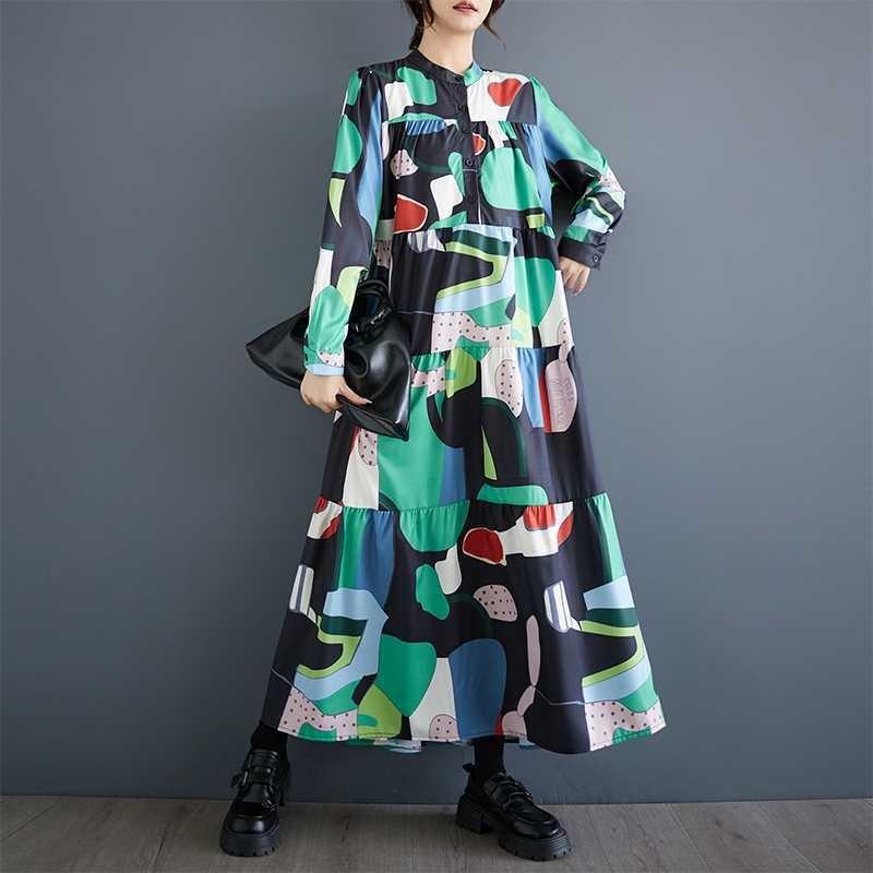

Large Size Loose Slim Fashion Long Sleeve Printed Midi Dresses One Size