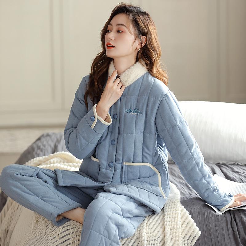 Pajamas Women'S Winter Three-Layer Thickened Fleece Coral Fleece Padded Cotton Women'S Flannel Winter Padded Jacket Loungewear Set