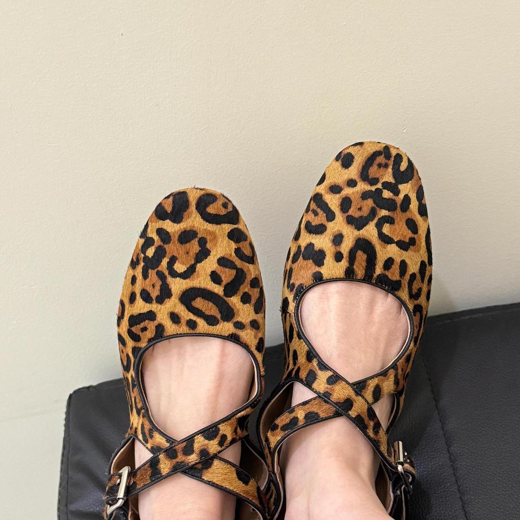 Sheepskin Version~ Genuine Leather Horsehair Niche Soft-sided Ballet Shoes Flat Cross-strap Leopard Print Mary Jane Single Shoes