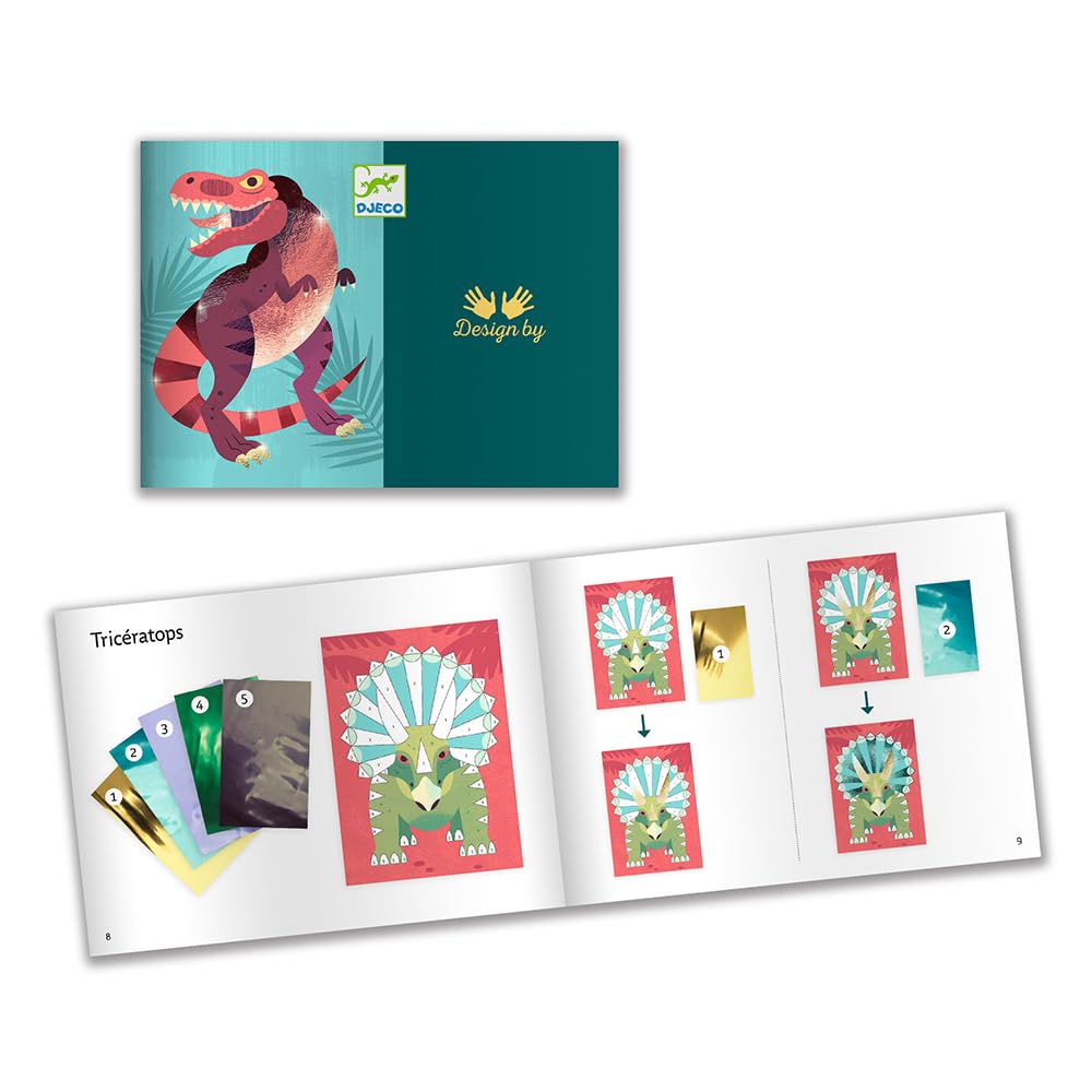 DJECO Jeco Foil Picture Jurassic Sticker Craft Dinosaur Collage Glitter Sticker Kit Dinosaur Kit Drawing Age 5 6 7 8 Boys School Entrance Gift