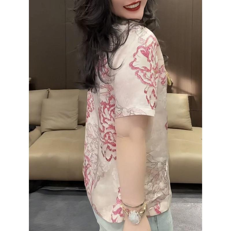 Chinese Style Chic Design Printed New Short-sleeved Tops Women Versatile Loose Round Neck T-shirts