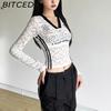 BITCED Autumn Women's Solid-Colour Slim-Fit Cropped V-Neck Long-Sleeved Printed Top