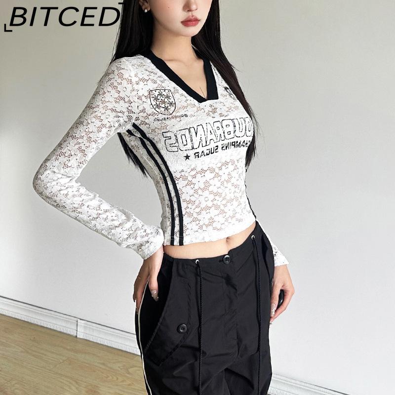 BITCED Autumn Women's Solid-Colour Slim-Fit Cropped V-Neck Long-Sleeved Printed Top