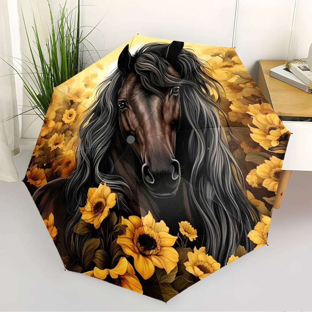 Automatic Folding Umbrella with Horse & Sunflower Design - Portable Collapsible 8-Rib Umbrella for All Seasons, Stylish Outdoo