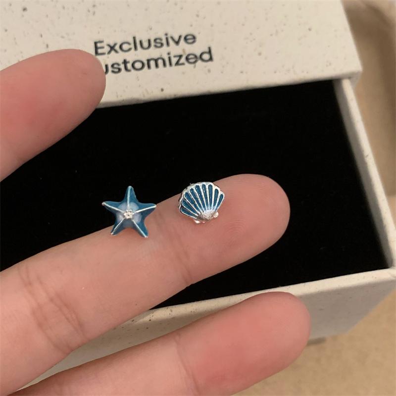 Cute Small Starfish Jellyfish Asymmetric Stud Earrings For Women Girl Metal Enamel Shell Earrings Sweet Romance Jewelry Gifts