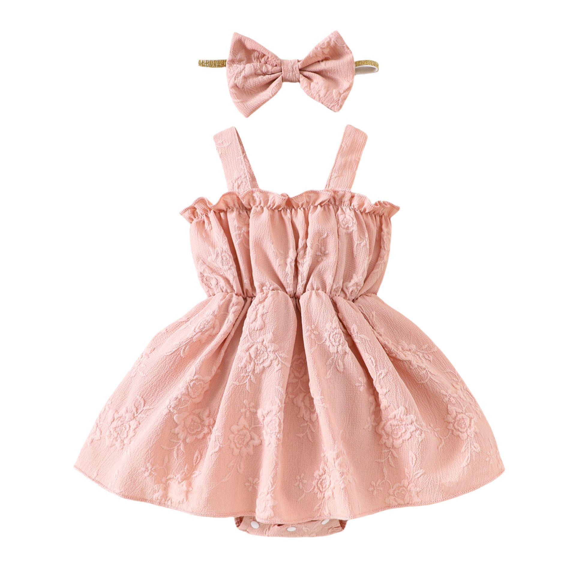 

Летний детский комбинезон нежно-розового цвета с жаккардовым принтом и треугольными вырезами на шее для девочек 18-24M