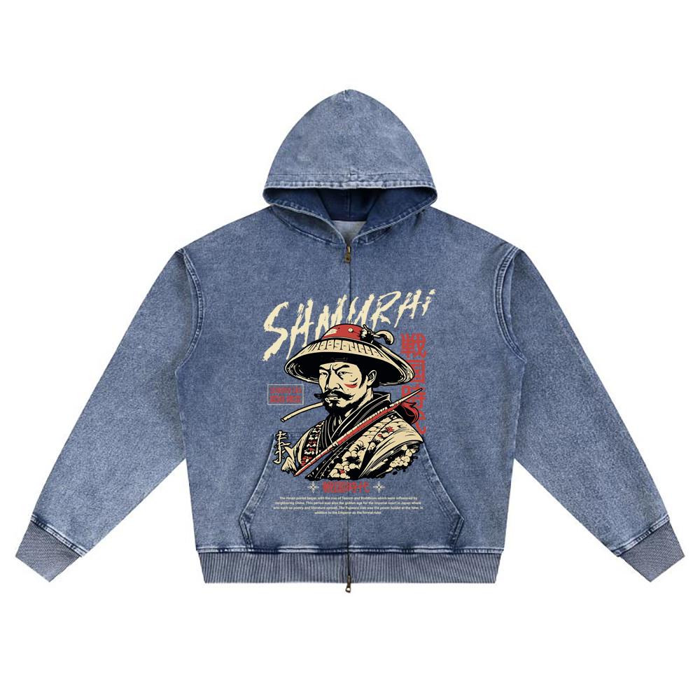 DTG Print Knitted Denim Zip-Up Hoodie Japan Samurai Brother Print Zipper Hoodies  